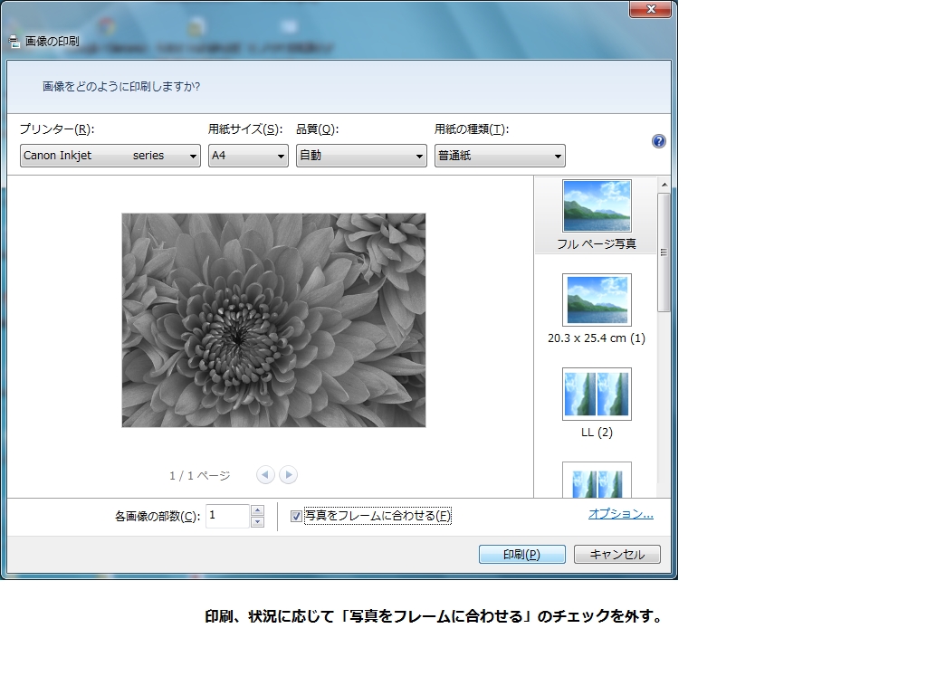 価格 Com 印刷 状況に応じて 写真をフレームに合わせる のチェックを外す Canon Pixus Ip7230 Sumi Hobbyさん のクチコミ掲示板投稿画像 写真 Canon Easy Photo Print Exについて