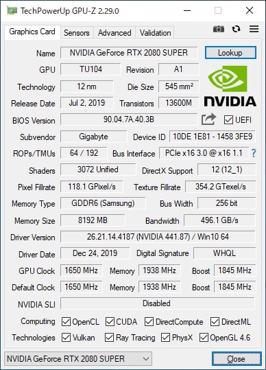 価格.com - 『2080SUPER GPU-Z』MSI GeForce RTX 2080 Ti GAMING X ...