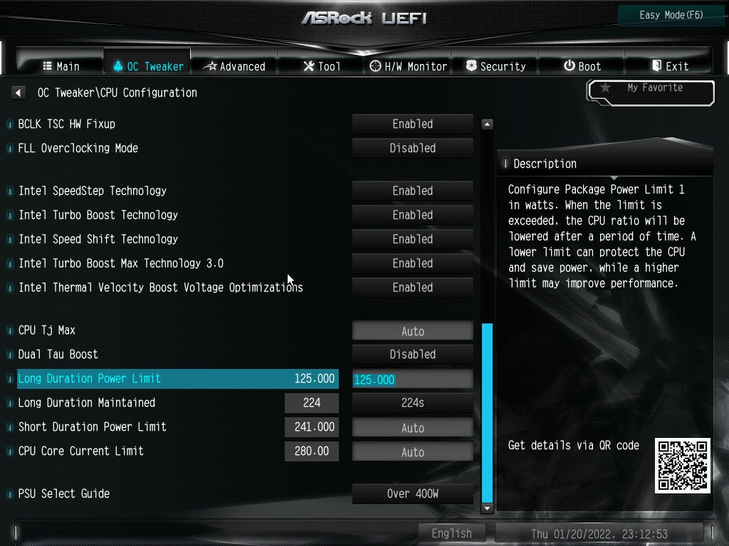 『Long Duration Power Limitを入力しても変わりません』ASRock Z690MITX/ax ティッ