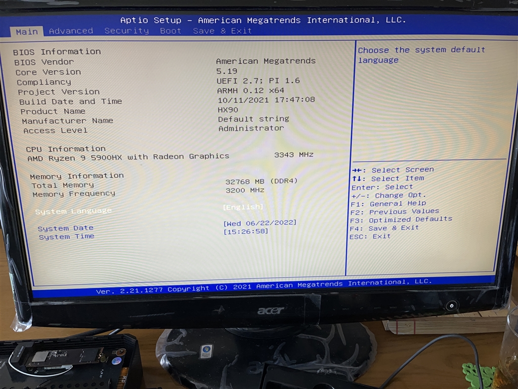 『BIOSのMAIN画面』MINISFORUM HX90 HX9032/512W10Pro(5900HX) おいちにさん