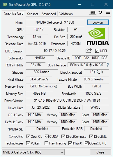 価格.com - 『GPU-Z』玄人志向 GF-GTX1650D6-E4GB/DF3 [PCIExp 4GB] ブッキースネジャさん のクチコミ掲示板投稿画像・写真「TU117でした