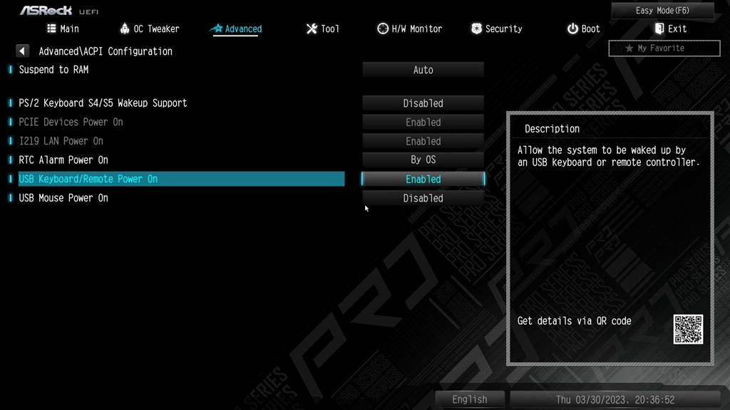 『B660M Pro RS USB Keyboard/Remote Power On設定』ASRock A520M Pro4