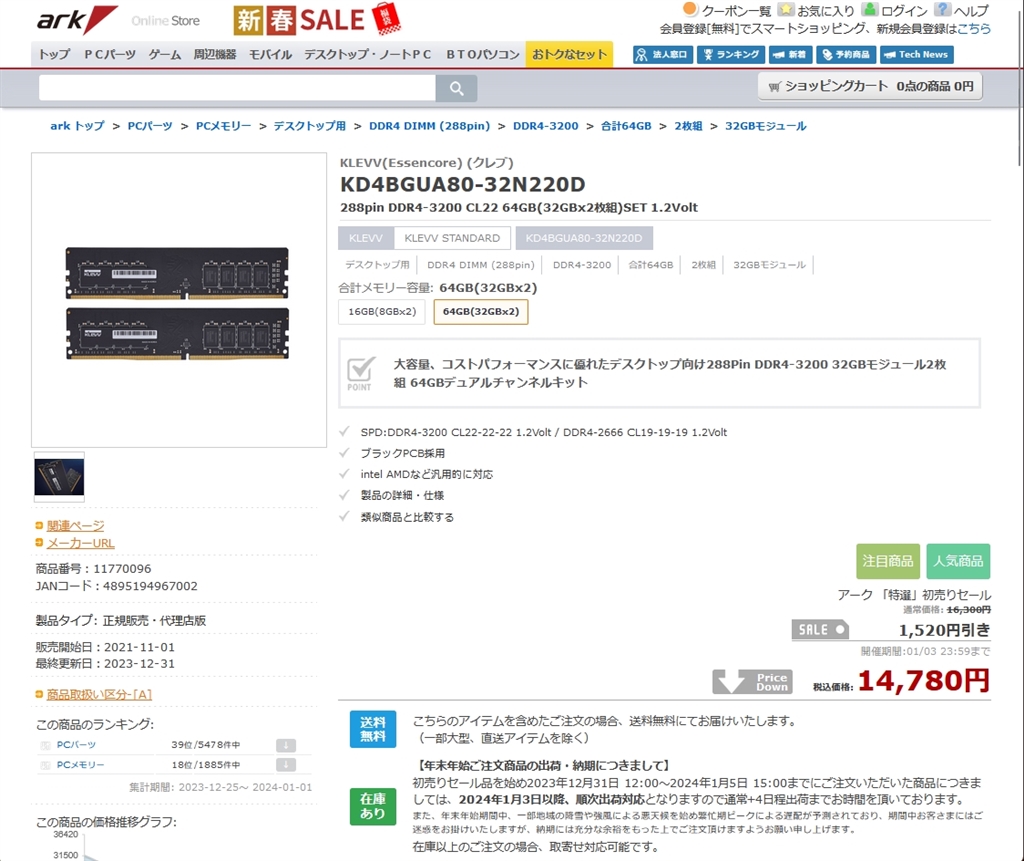 価格.com - 『2024/1/1確認時』ESSENCORE KLEVV KD4BGUA80-32N220D [DDR4 PC4-25600  32GB 2枚組] でんしろうさん のクチコミ掲示板投稿画像・写真「DDR4-3200 32GBx2枚=64GB 14,780円」[3887296]