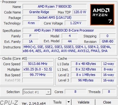 価格.com - 『CPUZ』AMD Ryzen 7 9800X3D BOX 0kadaさん の