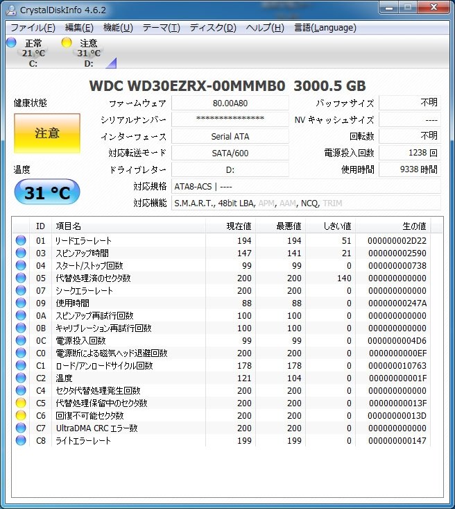 Crystaldiskinfo の結果について Western Digital Wd30ezrx 1tbp 3tb Sata600 のクチコミ掲示板 価格 Com