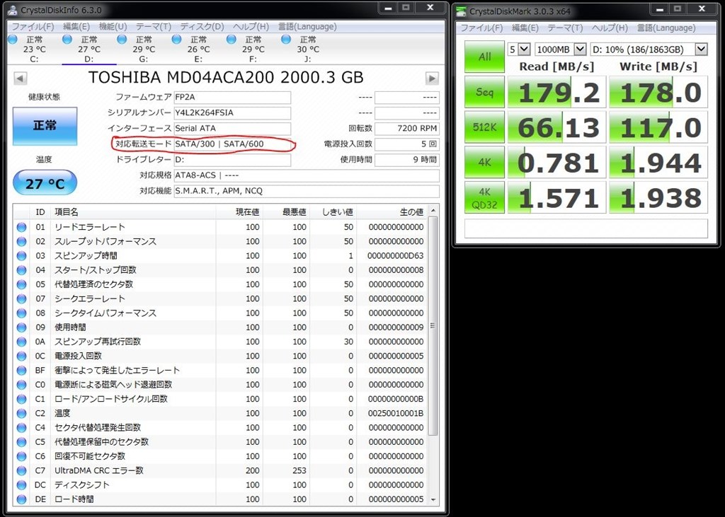 SATA転送モードについて』 東芝 MD04ACA200 [2TB SATA600 7200] の