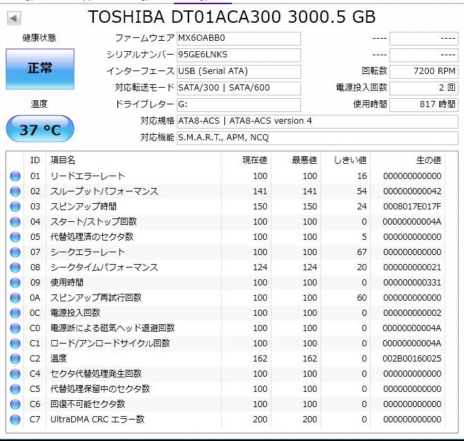 HDD 8TB 注意判定 電源投入回数95回 HDD 8TB 注意判定 電源投入回数95回