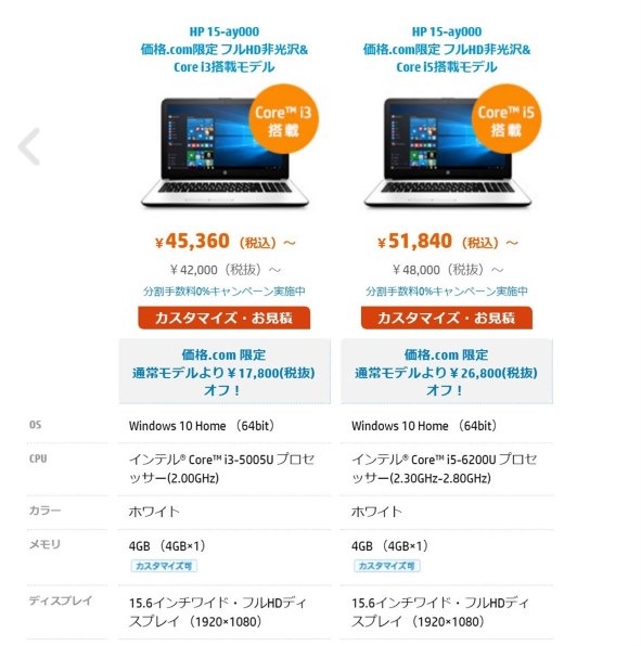 HP HP 15-ay000 価格.com限定 フルHD非光沢&Core i5搭載モデル 価格