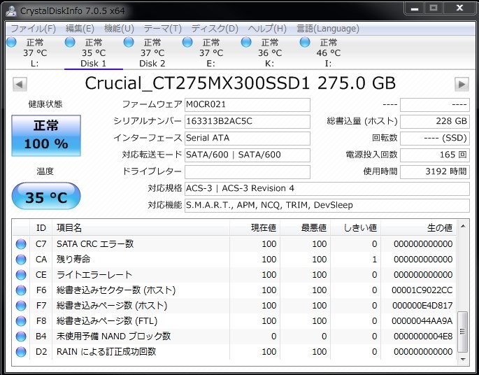 未使用予備NANDブロック数』 crucial MX300 CT275MX300SSD1 の