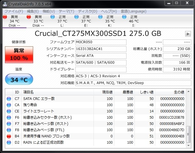 未使用予備NANDブロック数』 crucial MX300 CT275MX300SSD1 の