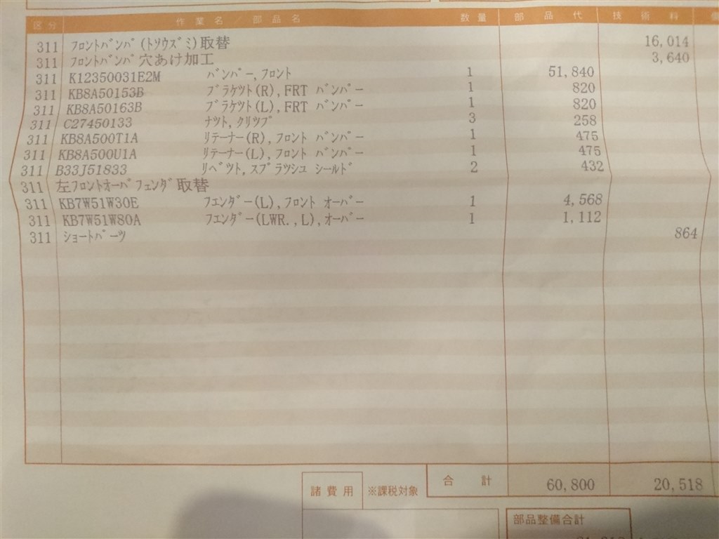 バンパー交換費用 明細付き マツダ Cx 5 17年モデル のクチコミ掲示板 価格 Com