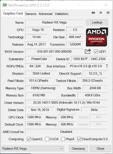 美品 GPU Power Color Radeon RX VEGA 56PCパーツ