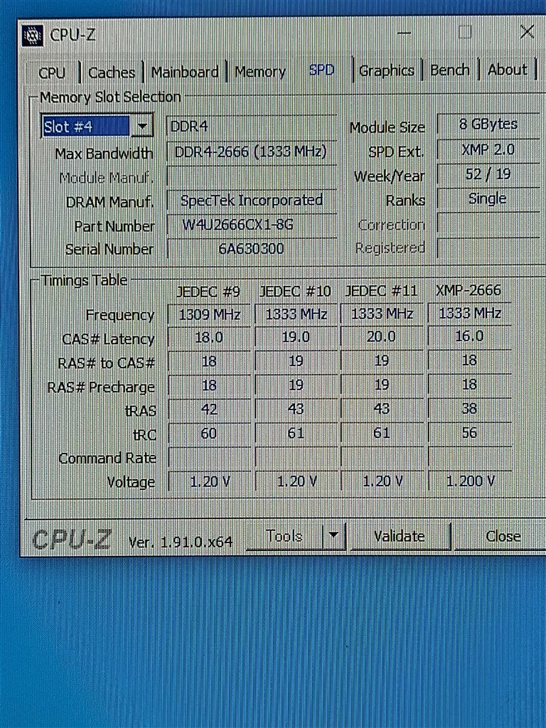 CPU-Zでメーカ－名が表示されない』 CFD W4U2666CX1-8G [DDR4 PC4 