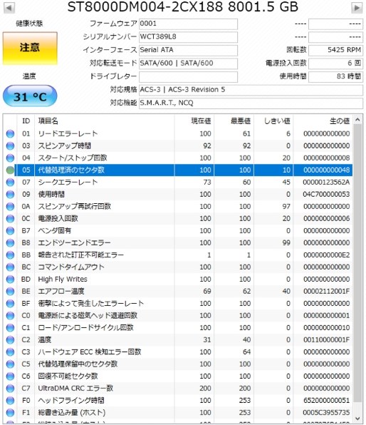 代替処理済みセクタの発生は不良じゃない？』 SEAGATE ST8000DM004 [8TB SATA600 5400] のクチコミ掲示板 -  価格.com