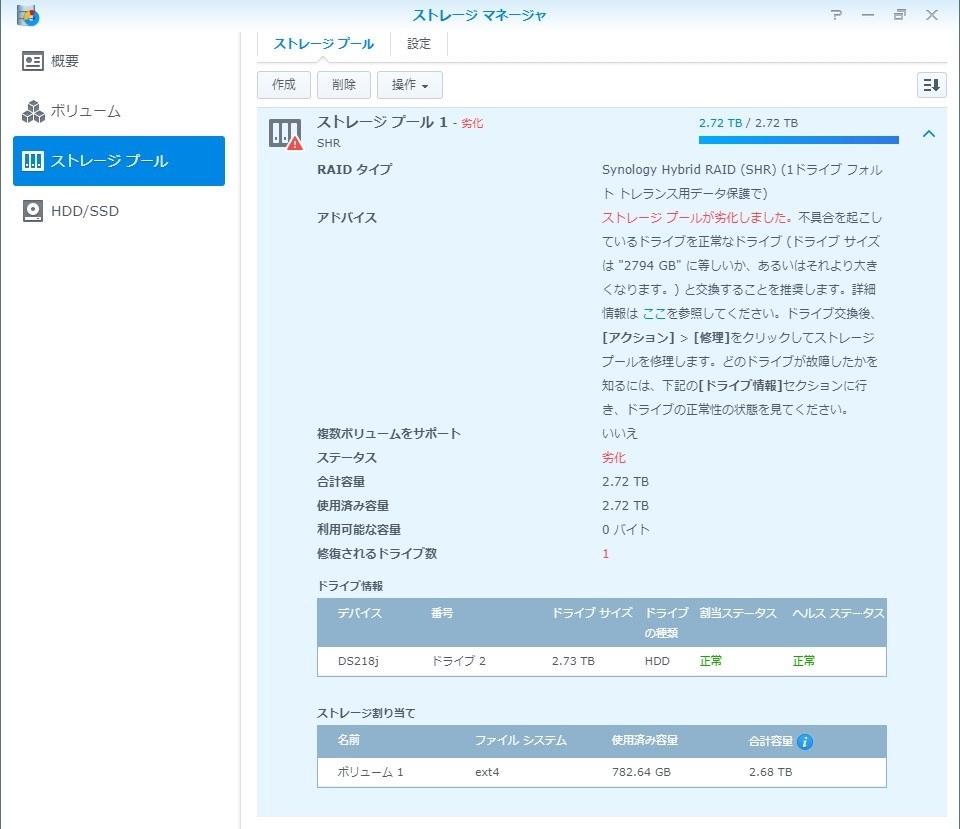 劣化 しました しかしステータスは正常 Synology Diskstation Ds218j のクチコミ掲示板 価格 Com