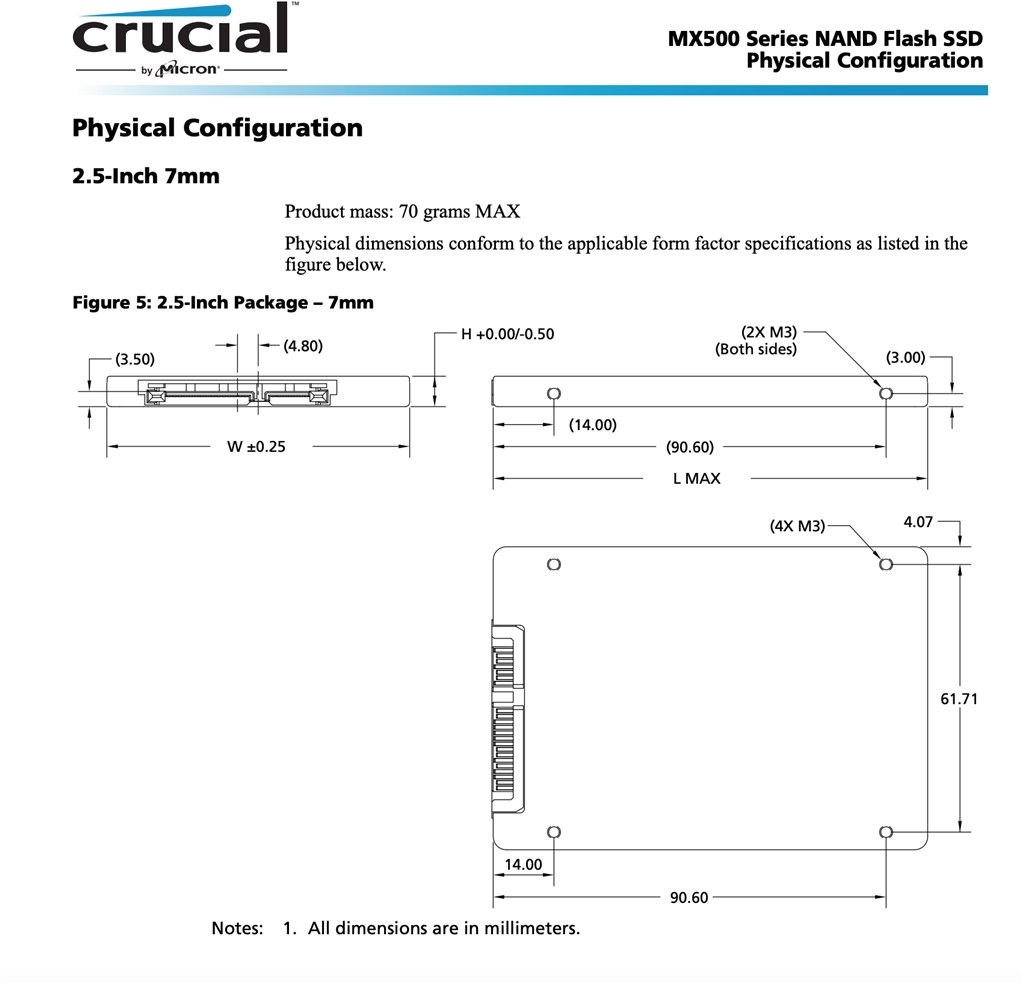 SSD側面に空いているネジ種類サイズ』 crucial MX500 CT1000MX500SSD1