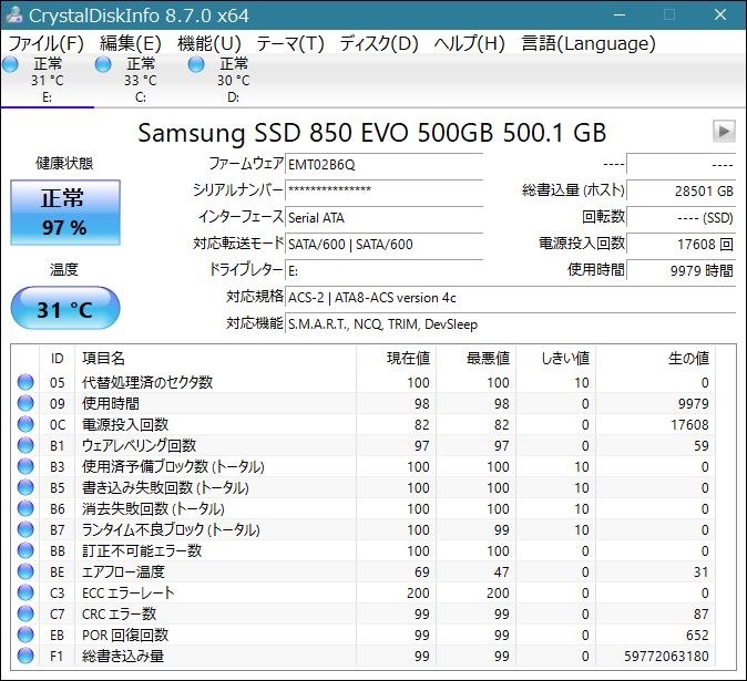 早くも健康状態が99%』 サムスン 860 QVO MZ-76Q1T0B/IT のクチコミ