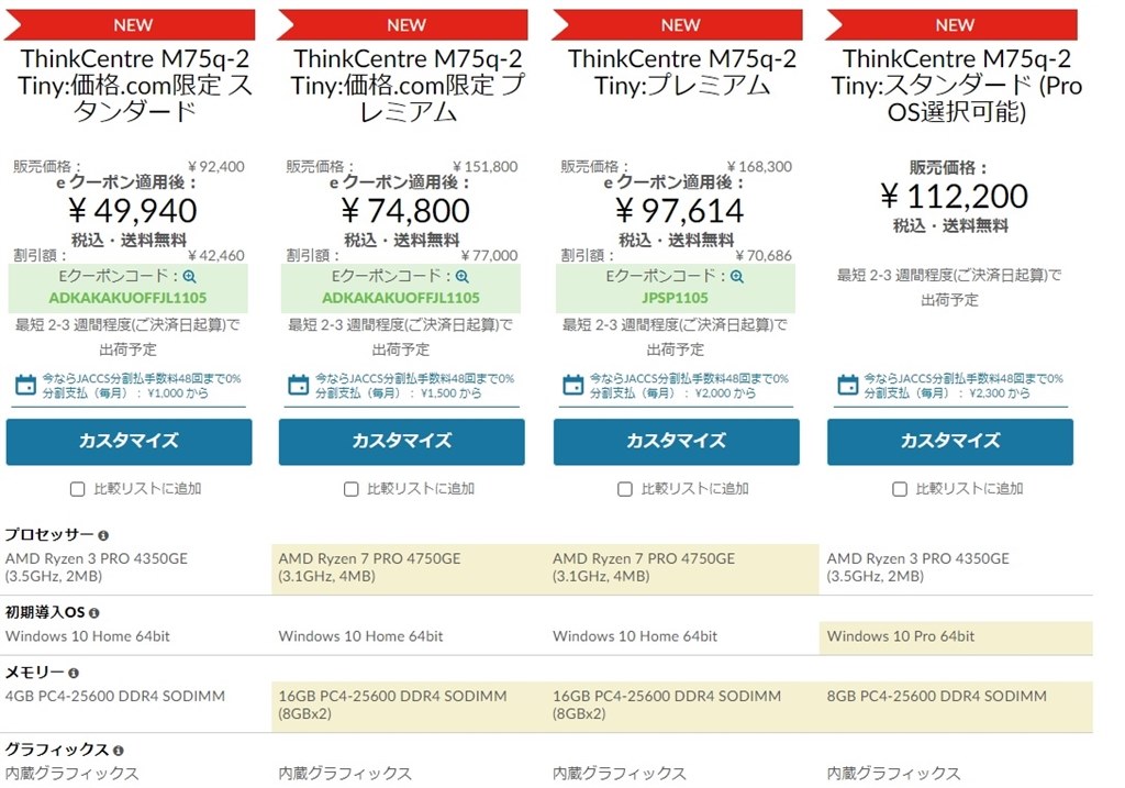 後継機 M75q Gen2の価格.com限定モデルきてますね』 Lenovo ThinkCentre M75q-1 Tiny 価格.com限定 AMD  Ryzen 5 PRO 3400GE・8GBメモリー・256GB SSD搭載 パフォーマンス 11A4CTO1WW のクチコミ掲示板 - 価格.com