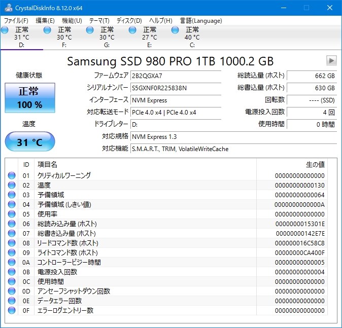 crystaldiskinfoでドライブレター不明』 サムスン 980 PRO MZ-V8P1T0B/IT のクチコミ掲示板 - 価格.com