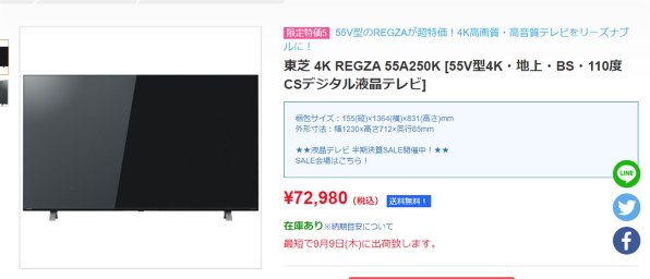 REGZA 50V型 液晶テレビ 法人向けレグザ 50A250K 4K（2021年モデル