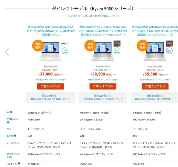 HP HP 15s-eq1000 G2 価格.com限定 AMD 3020e/128GB SSD/4GBメモリ