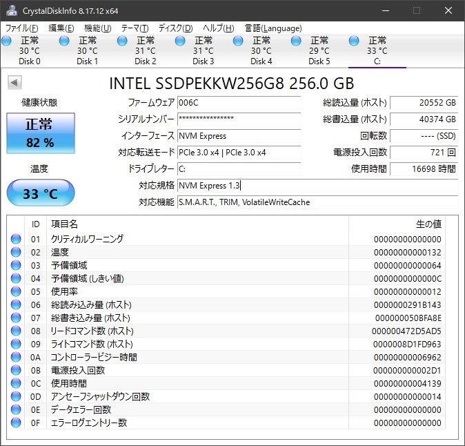CrystalDiskInfoの健康状態、警報は？』 インテル SSD 760p
