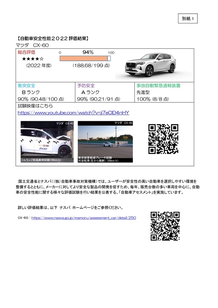 発表されました自動車安全性能 星4つ』 マツダ CX-60 2022年モデル の