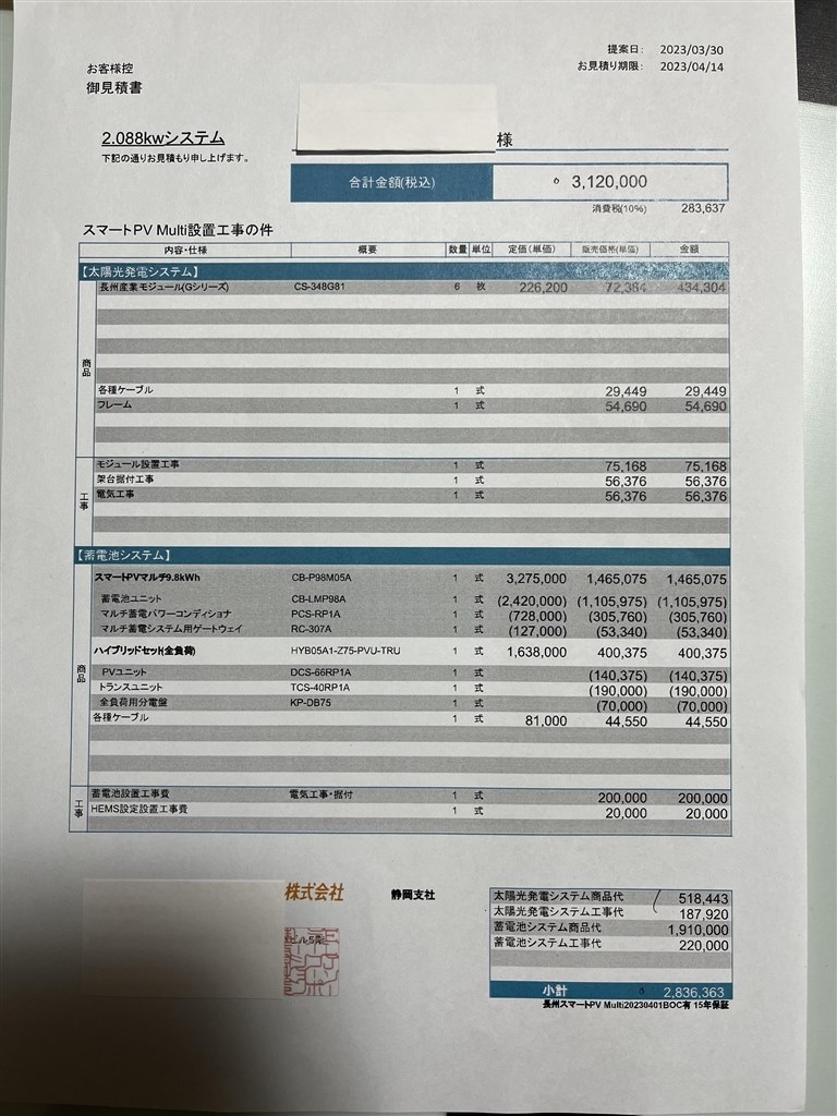 太陽光発電と蓄電池セットの契約価格の妥当性について』 クチコミ