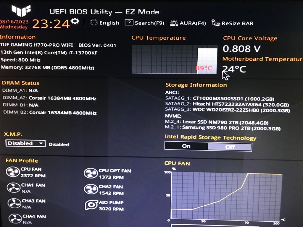 Core i7 13700KFでアイドリング時の発熱はどれくらいでしょうか