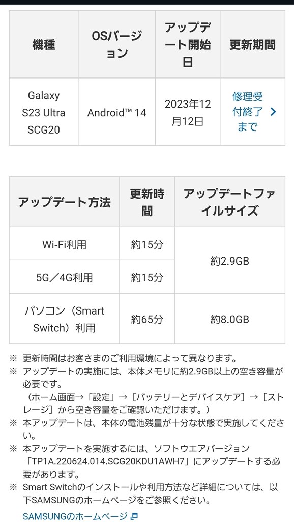 ◎au版 『Galaxy S23 Ultra SCG20』のAndroid14提供開始。』 サムスン 