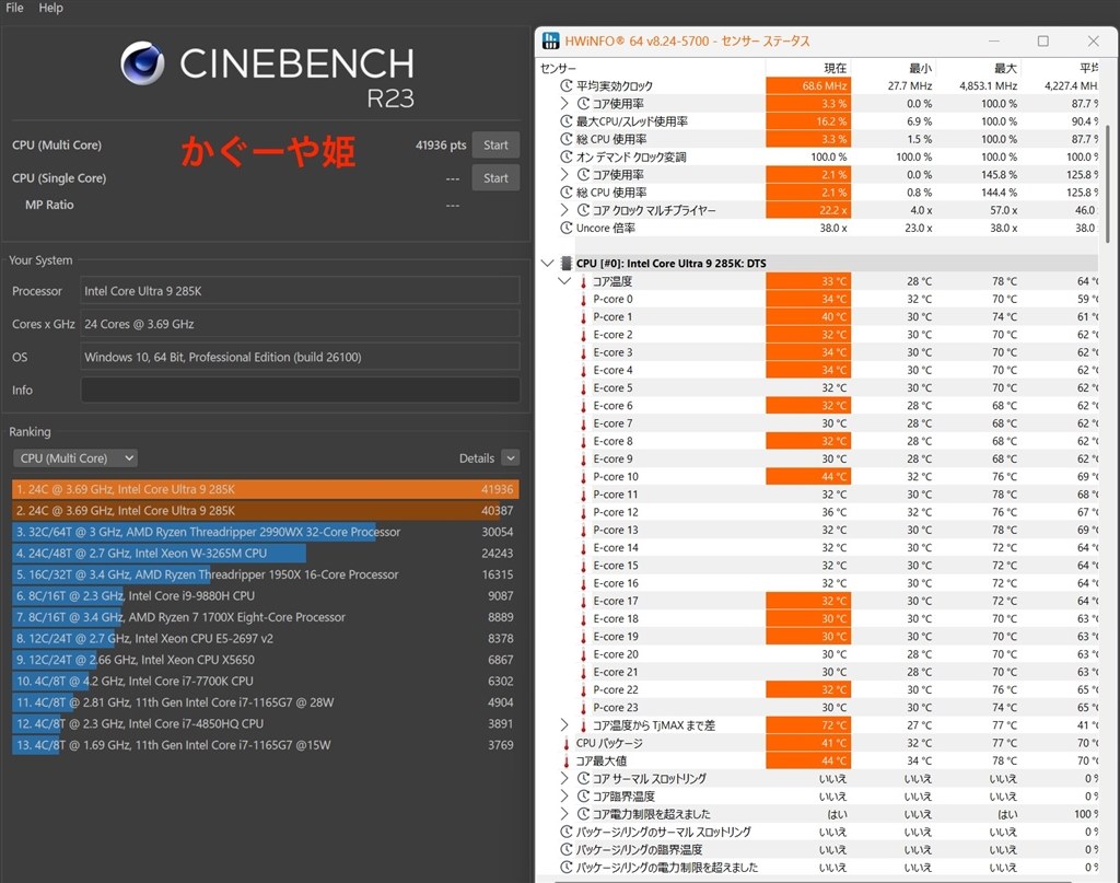CINEBENCHR23で性能チェック』 インテル Core Ultra 9 285K BOX の