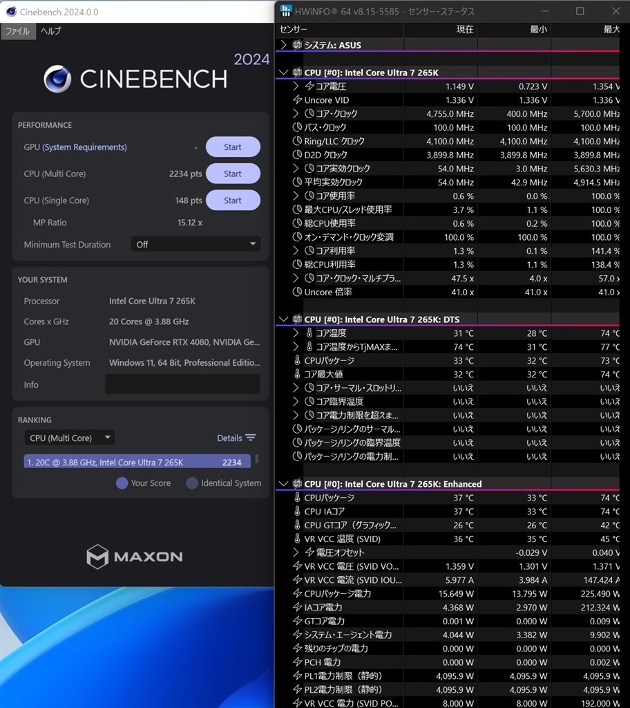 シネベンチのマルチとシングルのスコアがほぼ同じなのですが