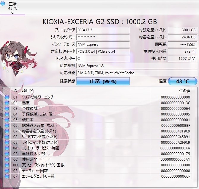 総書き込み量の減りが早い』 キオクシア EXCERIA G2 SSD-CK1