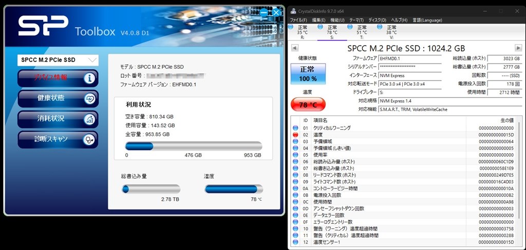 読み書きしてない状態で78度なのですが、故障？保証対象になる