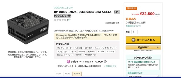 【新品未使用】2025年モデル RM1000e Gold ATX3.1 静かでド安定！柔軟ケーブルとショート筐体で使い勝手もイイ